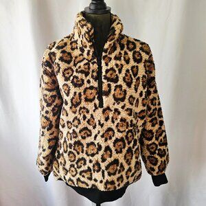 🌟Like New🌟 Express Animal Print Half-Zip Teddy Jacket, Tan/Brown/Black Size XS